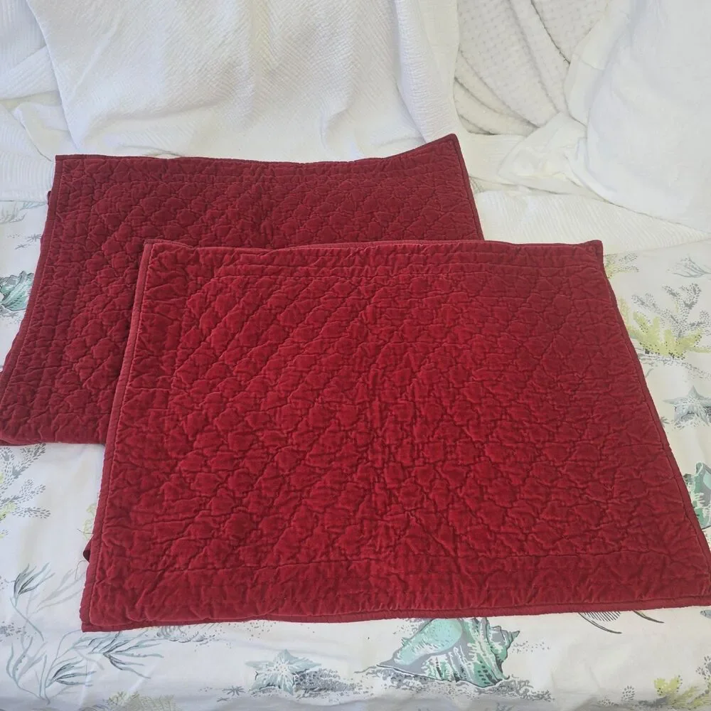 2 pc Pottery Barn Silk & Cotton Velvet Quilted Pillow Sham Standard Red Cottage